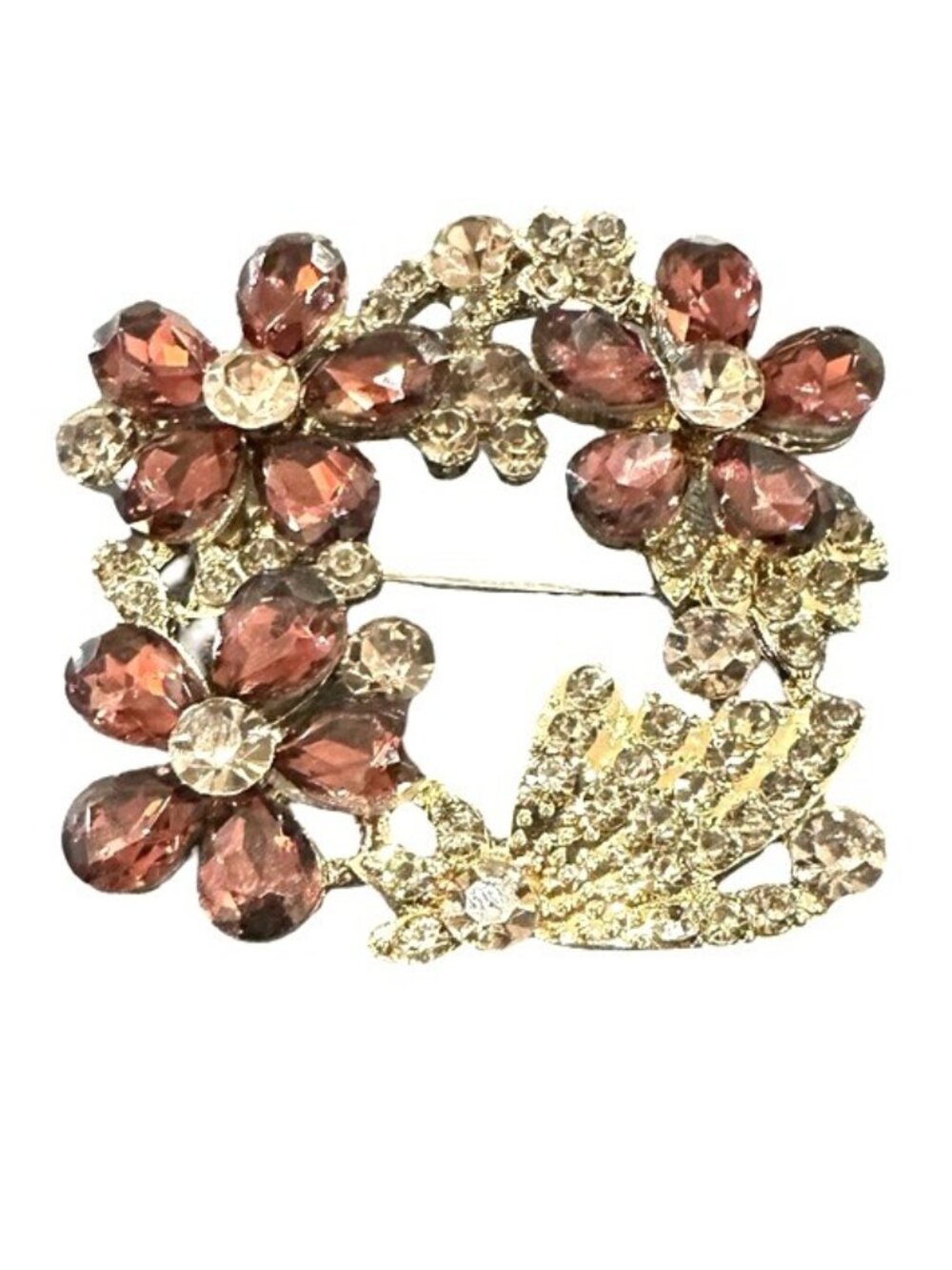 Vintage Brooch Flower Wreath Floral Pink Light Purple Colorless Crystal Rhinesto